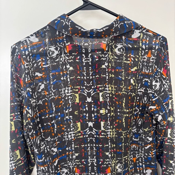 CAbi festival geometric print semi sheer bling sleeve buttons down blouse size S - Picture 8 of 12